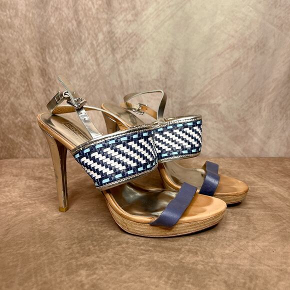 Coach Steffi Heels Pumps Slingback Woven Open Toe Sandals Silver Metallic Blue - Picture 13 of 14